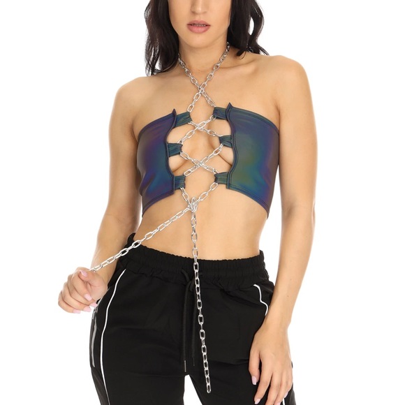 Rave Wonderland Reflective Chain Crop Top Rave Festival - Picture 2 of 4
